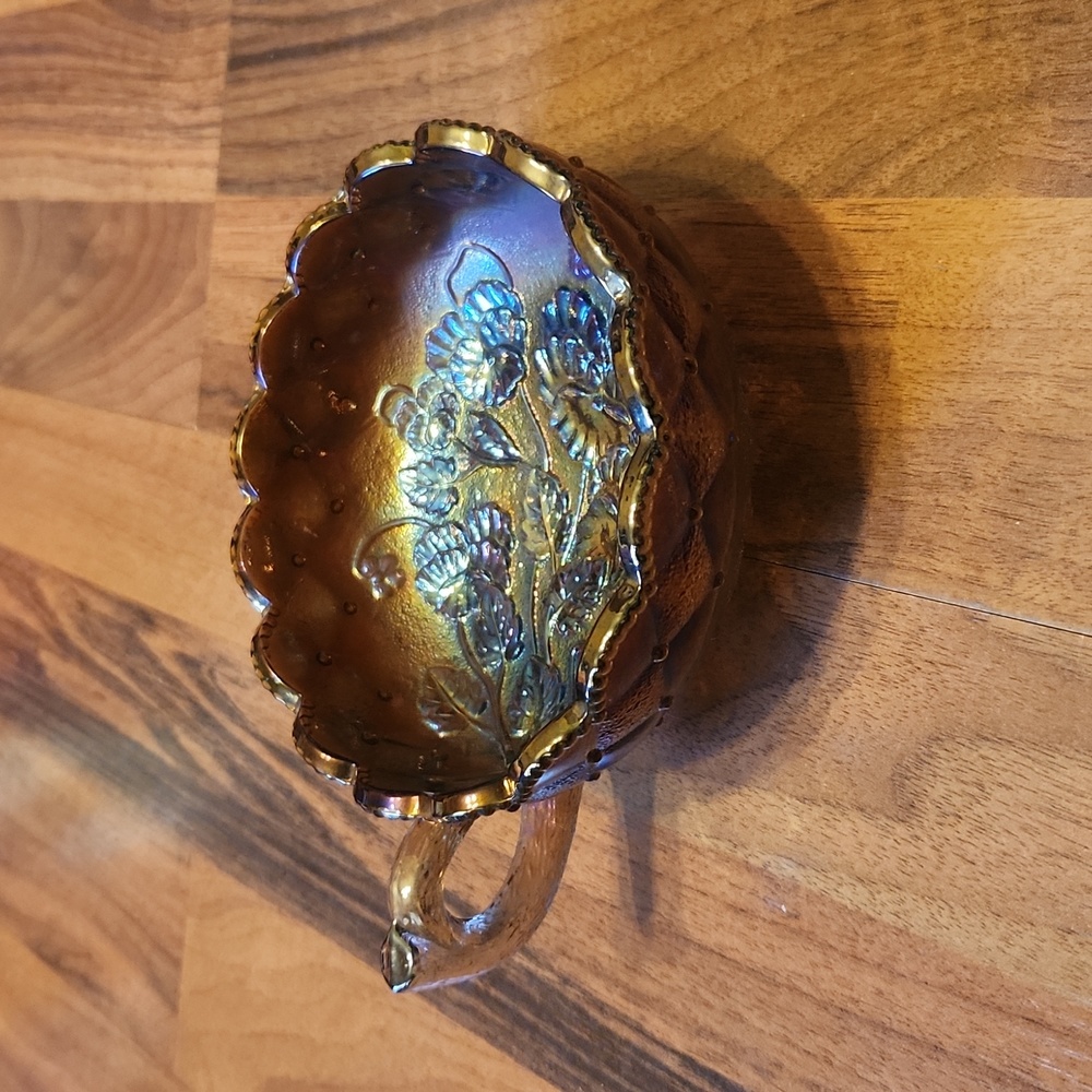 Imperial Carnival Glass Irridecent Amethyst Peacock Nappy Dish Pansy Pattern